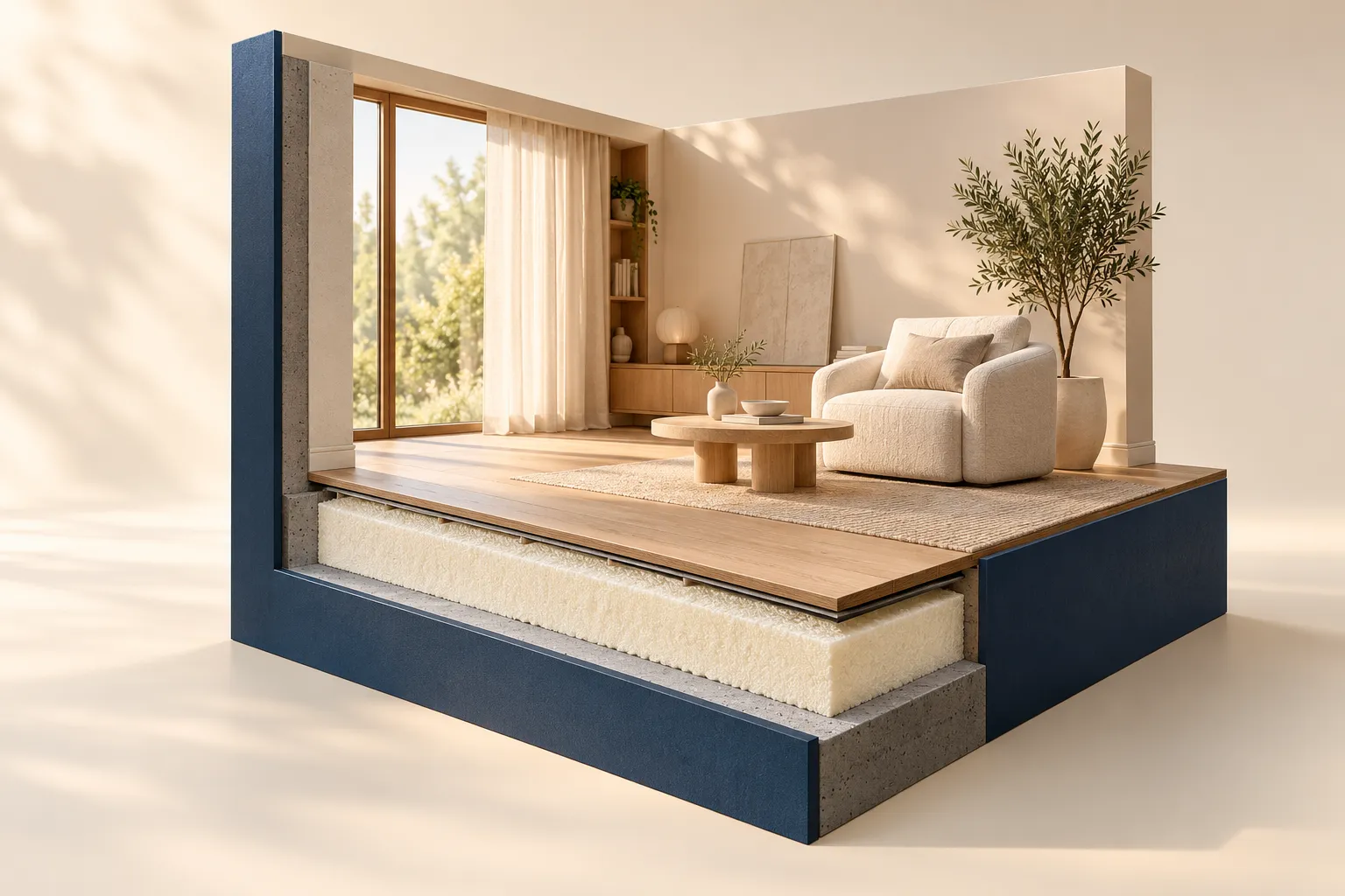 Illustration conceptuelle d’une pièce de vie avec une couche isolante visible sous le sol