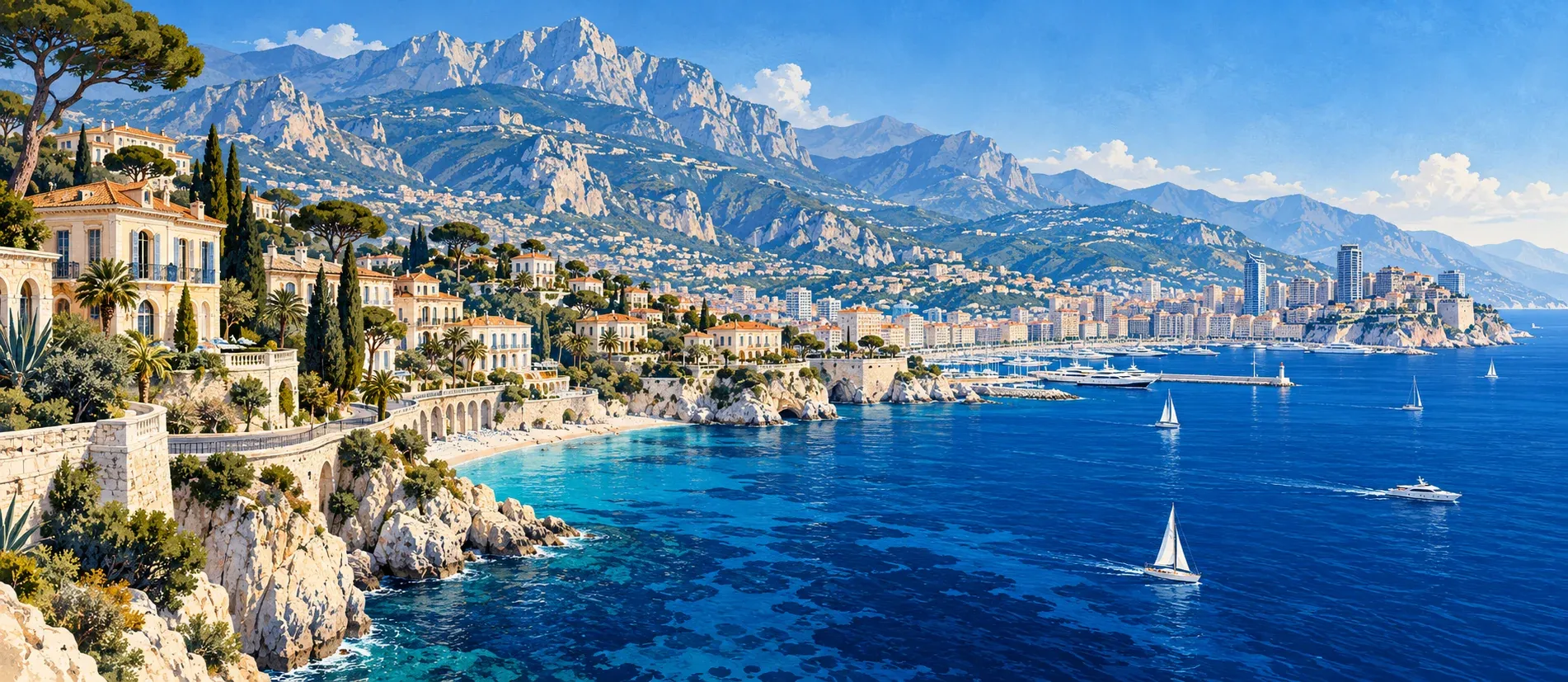 Illustration panoramique de la Riviera : villas méditerranéennes, relief côtier et mer bleue