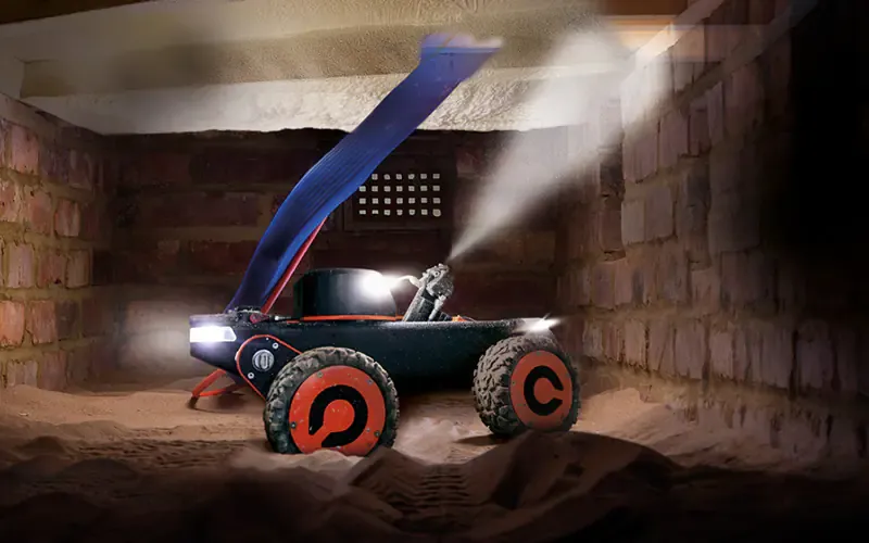 Illustration du robot projetant l’isolant vers la sous-face du plancher