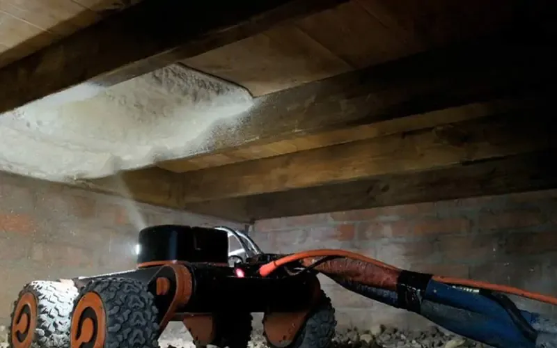 Illustration du robot de projection sous un plancher à solives
